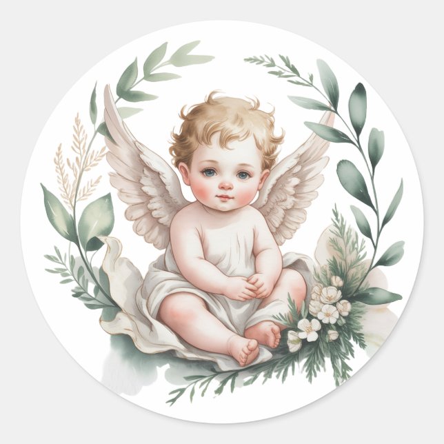 Watercolor Angel Wings Baptism  Classic Round Sticker (Front)