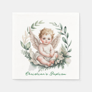 Watercolor Angel Wings Baptism Green Napkin