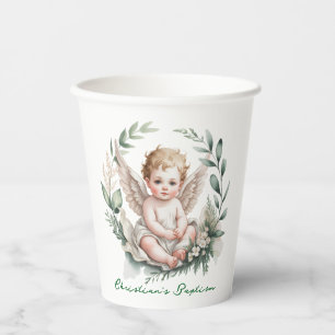 Watercolor Angel Wings Baptism Green Paper Cups