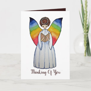 Watercolor Angel With Rainbow Wings Reading A Book Card