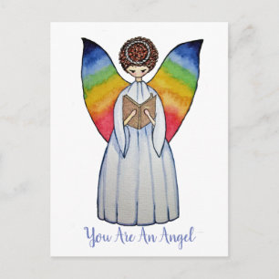 Watercolor Angel With Rainbow Wings Reading A Book Postcard