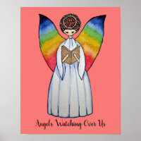 Watercolor Angel With Rainbow Wings Reading A Book