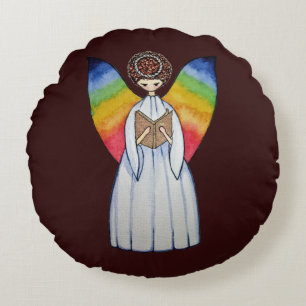 Watercolor Angel With Rainbow Wings Reading A Book Round Cushion