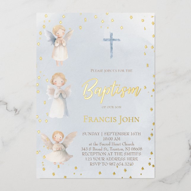 watercolor angels Baptism Foil Invitation (Front)