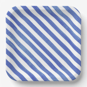 Watercolor Angled Blue and White Stripes Paper Plate