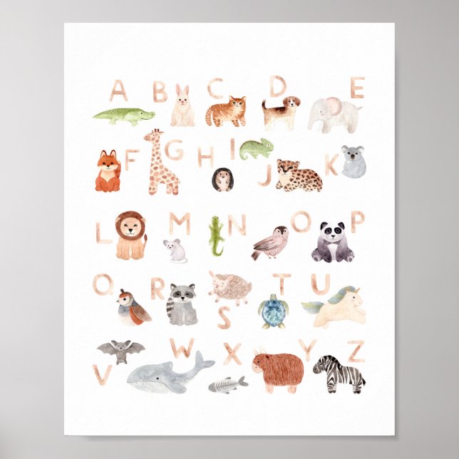Watercolor animal abc kids alphabet. Nursery room  Poster (Front)