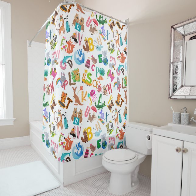 Watercolor Animal Alphabet Adorable Kids Shower Curtain (In Situ)