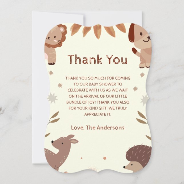 Watercolor Animal Theme Baby Shower Thank You Card (Front)