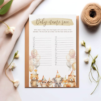 Watercolor Animals baby name race baby shower game