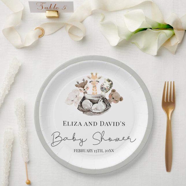 Watercolor Animals Faux Modern Gold Baby Shower Paper Plate (Wedding)