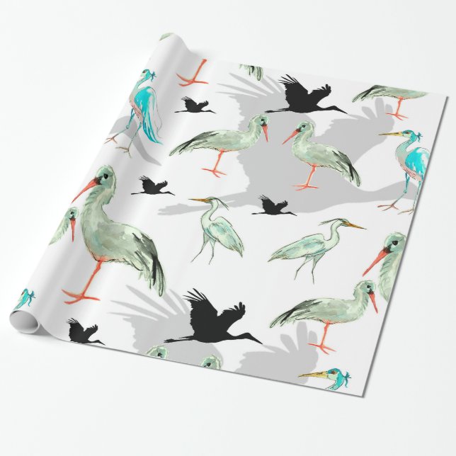 Watercolor Animals - Heron, birds, Blue, Egret Wrapping Paper (Unrolled)
