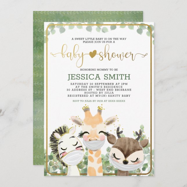 Watercolor Animals in Masks Baby Shower Invitation (Front/Back)