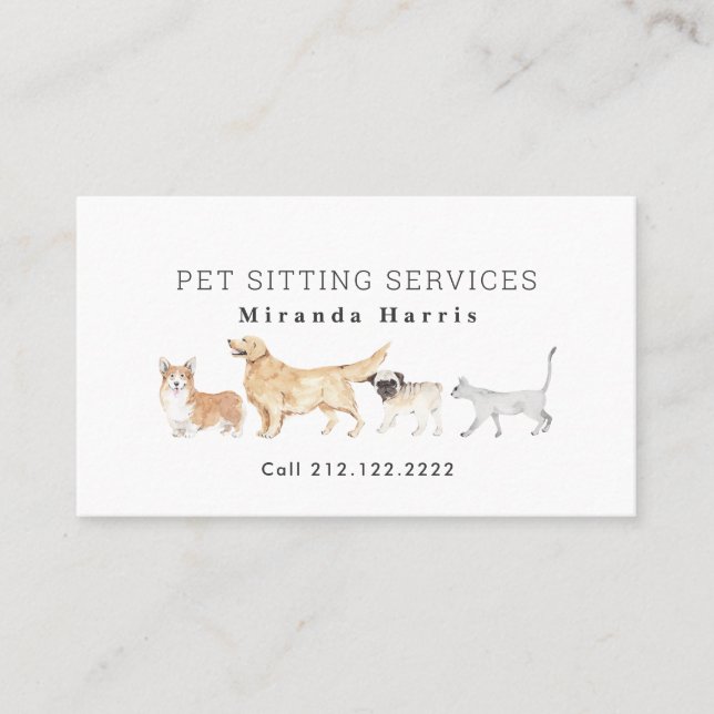 Watercolor Animals Pet Sitter Dog Walker  Business Card (Front)