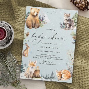 Watercolor Animals Woodland Winter Baby Shower Invitation