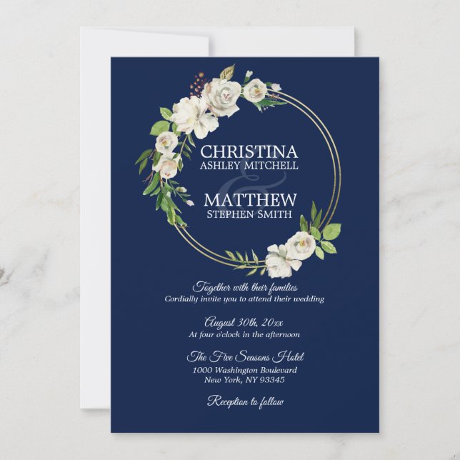 Watercolor Antique White Floral Navy Blue WEDDING Invitation (Front)