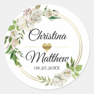 Watercolor Antique White Gold Floral WEDDING Classic Round Sticker