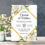 Watercolor Antique White Gold Floral Wedding Invitation<br><div class="desc">Personalise these vintage chic, with antique white style wedding invitations. Black and white colours. Hand painted watercolor white roses (flowers) with faux gold foil frame. Back of card has bride and groom monograms / initials. Editable cards - add your info (text can be changed to any font, size, and colour)....</div>