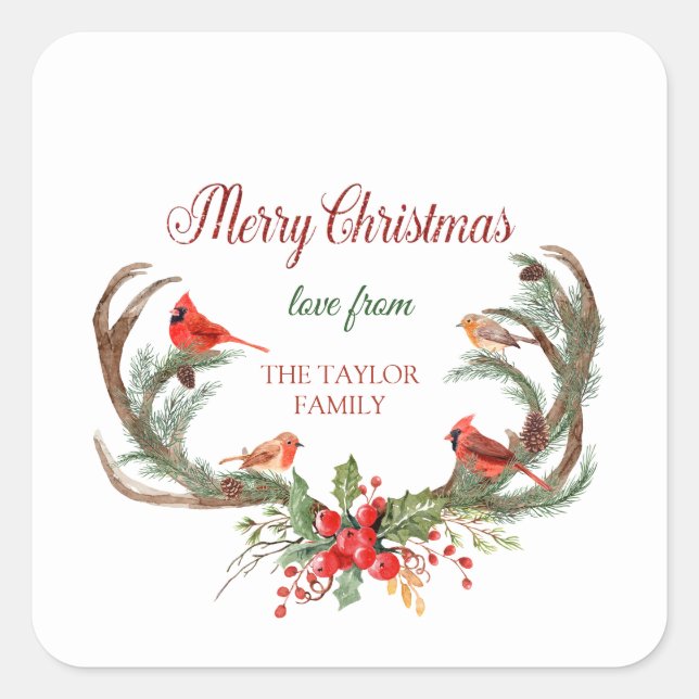 Watercolor Antler Reindeer Cardinal Christmas Square Sticker (Front)
