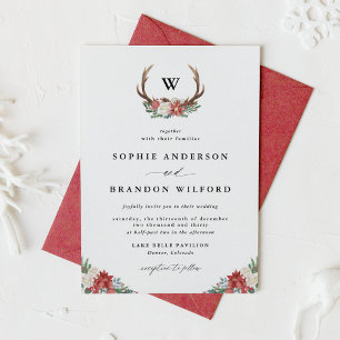 Watercolor Antler Wreath Monogram Holiday Wedding Invitation