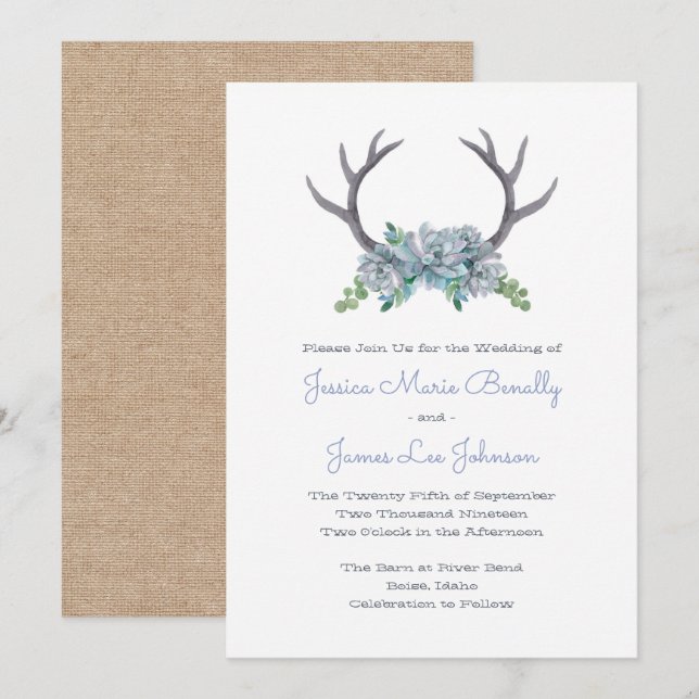 Watercolor Antlers and Echeveria Country Wedding Invitation (Front/Back)