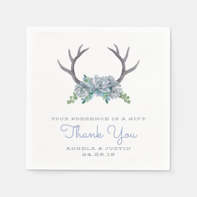 Watercolor Antlers and Echeveria Country Wedding Napkin (Front)