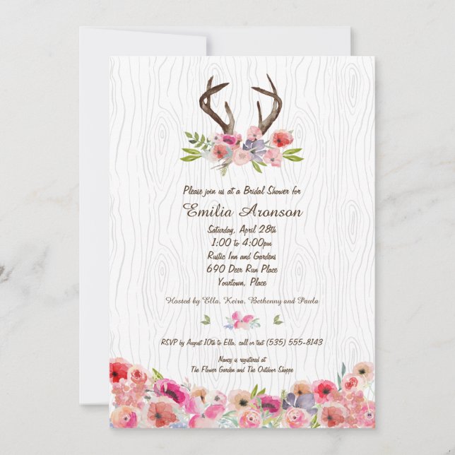 Watercolor Antlers Flowers Faux Bois Bridal Shower Invitation (Front)