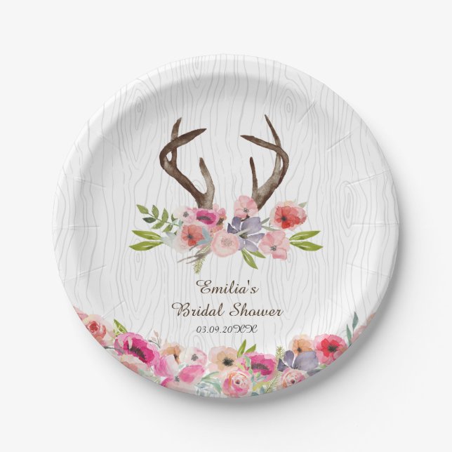 Watercolor Antlers Wildflowers Faux Bois Shower Paper Plate (Front)