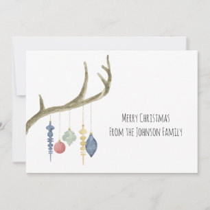 Watercolor Antlers with Ornaments Christmas Card