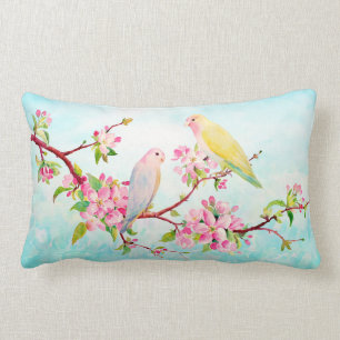 Watercolor Apple Blossoms and Love Birds Cushion