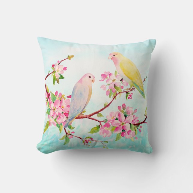 Watercolor Apple Blossoms and Love Birds Cushion (Front)