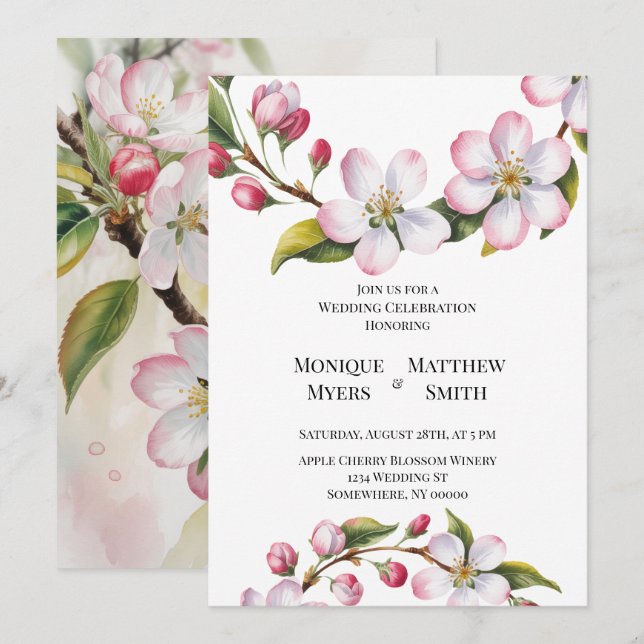 Watercolor Apple Cherry Blossom Wedding Invitation (Front/Back)