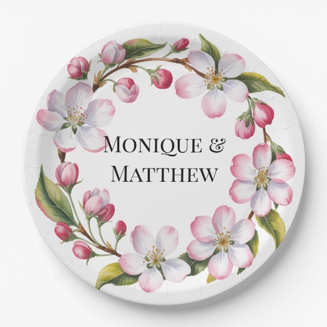Watercolor Apple Cherry Blossom Wedding Paper Plate (Front)