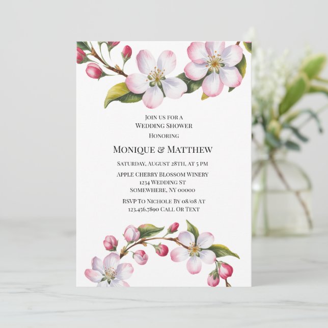 Watercolor Apple Cherry Blossom Wedding Shower Invitation (Standing Front)