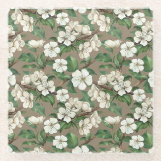 Watercolor Apple Flowers: Vintage Pattern. Glass Coaster