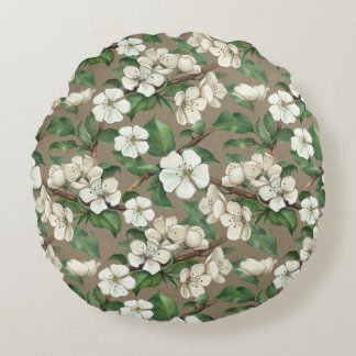 Watercolor Apple Flowers: Vintage Pattern. Round Cushion