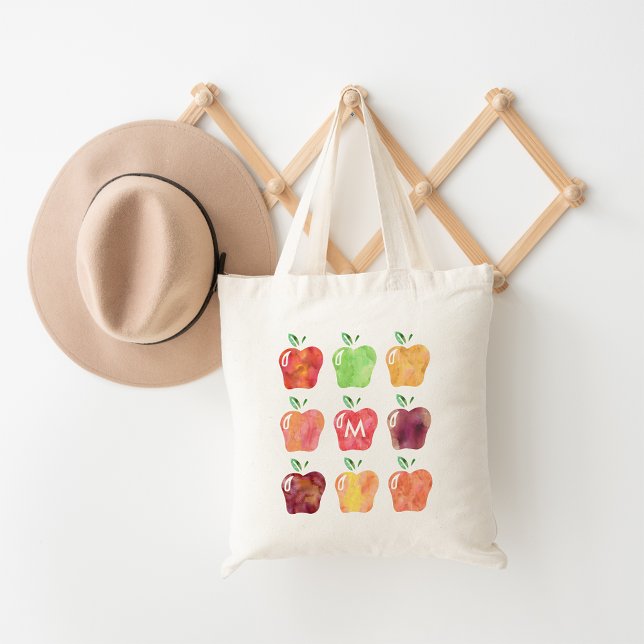 Watercolor Apple Initial Monogram Teacher Tote Bag (Creator Uploaded)
