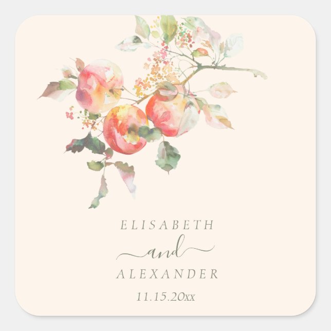 Watercolor Apples Elegant Fall Wedding Square Sticker (Front)