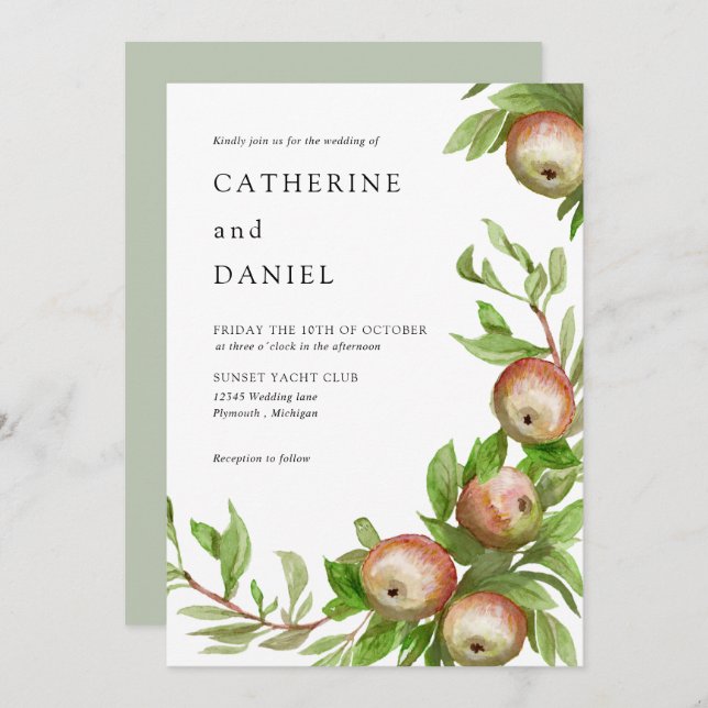 Watercolor apples wedding invitation (Front/Back)