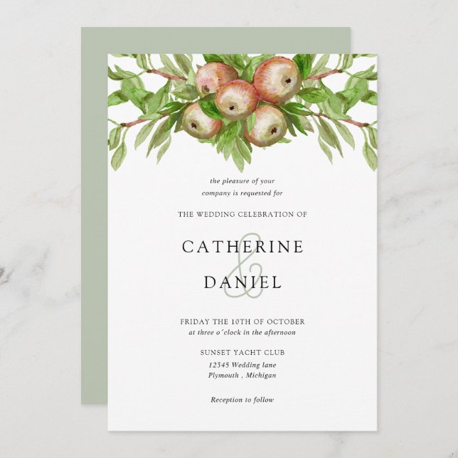 Watercolor apples with branches wedding invitation (Front/Back)