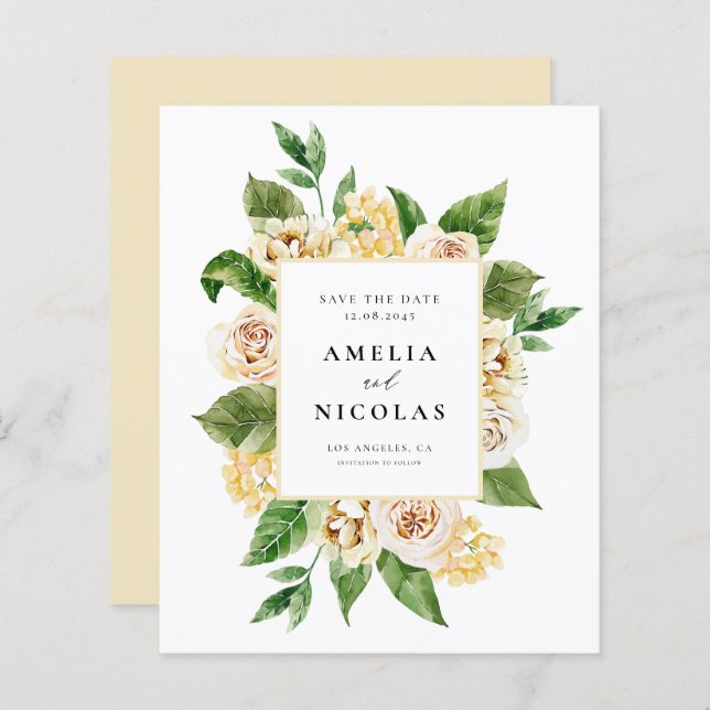 Watercolor Apricot English Roses Save the Date (Front/Back)