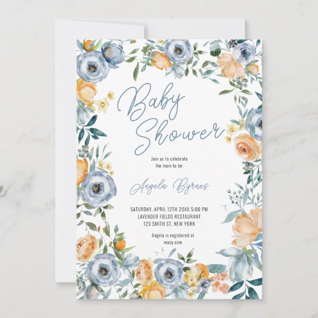 Watercolor Apricot Pastel Blue Wild Flowers  Invitation (Front)