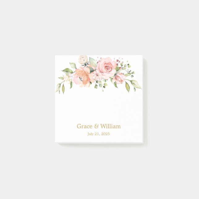 Watercolor apricot pinkish roses, greenery foliage post-it notes (Front)