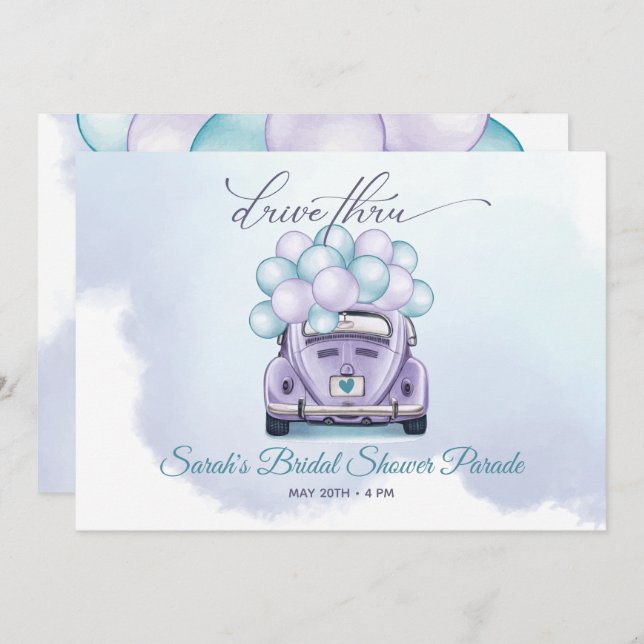 Watercolor Aqua and Lilac DriveThru Bridal Shower Invitation (Front/Back)