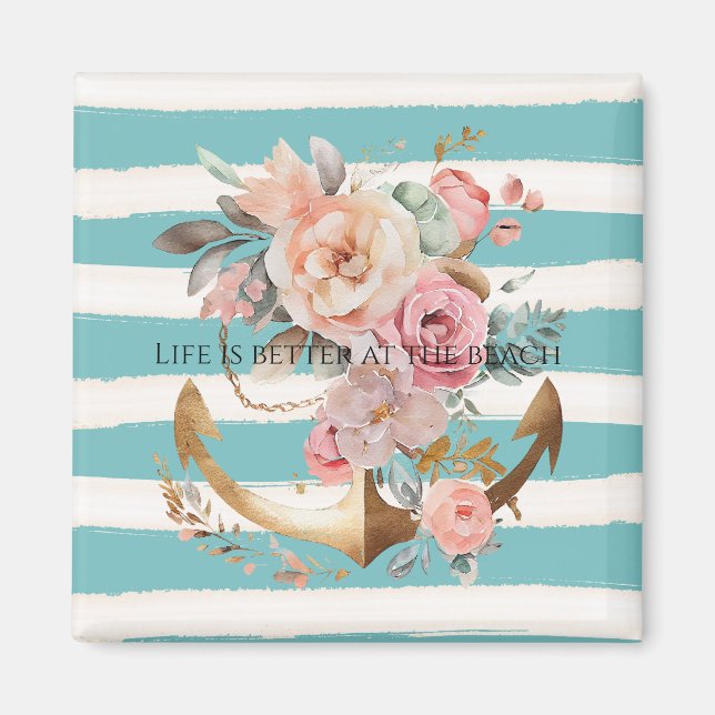 Watercolor Aqua Beach Stripes Floral Anchor Magnet (Front)