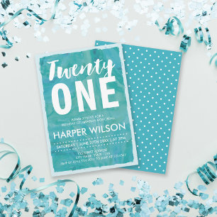 Watercolor Aqua Blue 21st Birthday Invitation