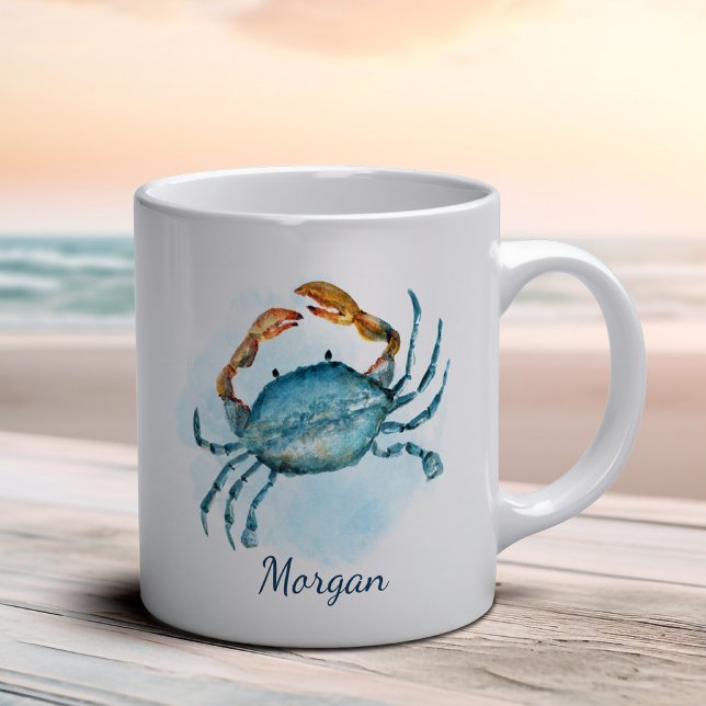 Watercolor Aqua Blue Crab Personalised Coastal Coffee Mug (Creator Uploaded)