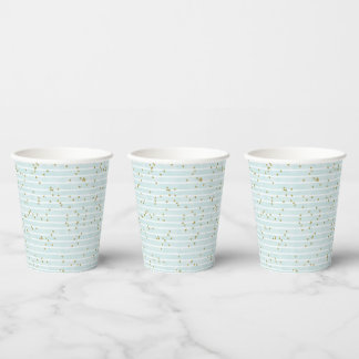 Watercolor Aqua Blue Stripe and Gold Polka Dot Paper Cups