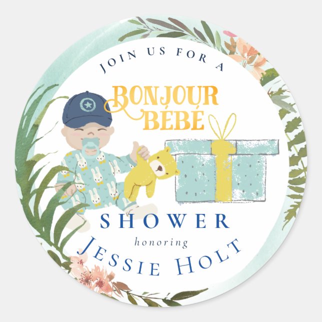 Watercolor Aqua Bonjour Boy BabyClassic Round Classic Round Sticker (Front)