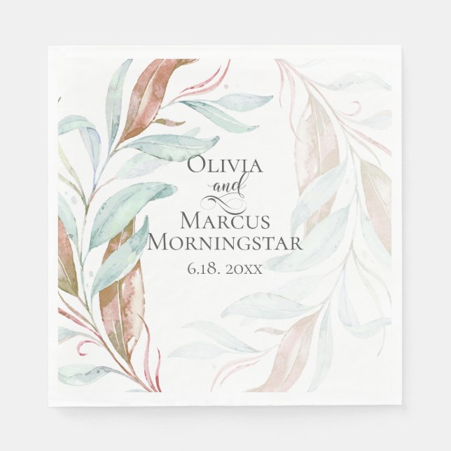 Watercolor Aqua Coral Eucalyptus Leaves Napkin (Front)