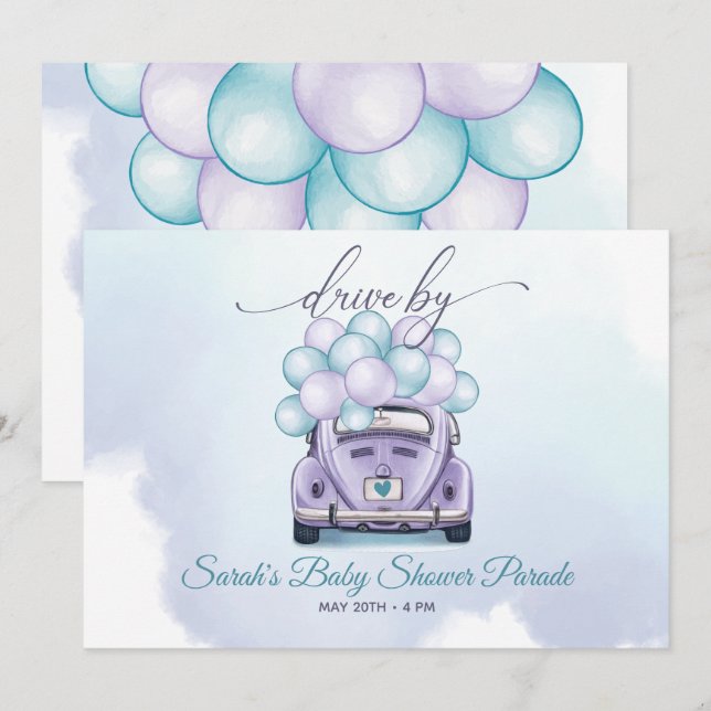 Watercolor Aqua Lilac Surprise DriveBy Baby Shower Invitation (Front/Back)